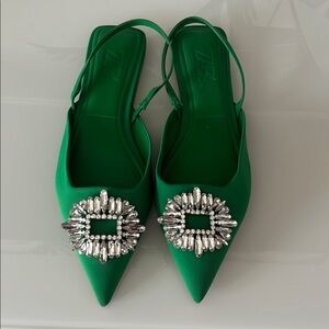 Zara Green Women's Slingback Shoes with Embellished Detail